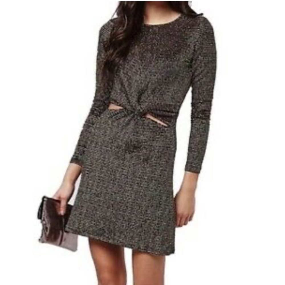 Topshop Long Sleeve Cutout Knot Metallic Stretchy Skater Dress